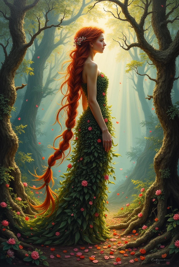 OIL PAINTING,IMPRESSIONISM,medium full view,amidst the ancient woodland,the image captures the ethereal beauty of a young dryad. her long,braided red hair cascades like flames,entwining with (vines and flowers that form her ornate dress:1.2),the air is filled with colorful petals,and dappled sunlight paints a mesmerizing tapestry on the forest floor,dense foliage,gnarled roots and branches,beams of sunlight,ethereal,mysterious,wondrous,chiaroscuro,