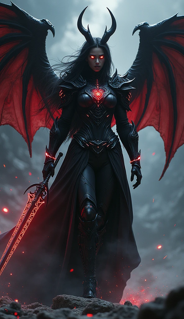 In a realm where ancient darkness and modern power collide, a formidable fusion of Zodiac and Vortex emerges. This awe-inspiring figure stands amidst a realm of shadow and chaos, combining the demonic, otherworldly presence of Zodiac with the sleek, contemporary warrior style of Vortex. The character features the flowing, black hair and dark, sleek outfit of Vortex, but with Zodiac’s dramatic, sinister wings and arcane energy. His attire is a blend of futuristic, armored elements with mystical, glowing runes and dark, ethereal patterns. He wields a weapon imbued with both dark magic and advanced technology, radiating a fearsome, enigmatic aura. The backdrop is a dark, cosmic landscape with swirling shadows and pulsating energy, emphasizing the fusion of ancient power and modern strength. His eyes are an intense, glowing red, reflecting the combined might of both entities.








