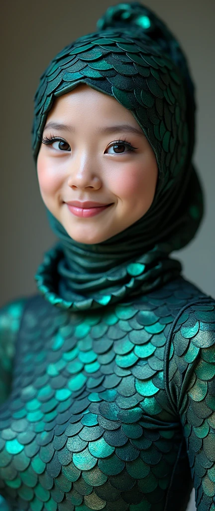 The beautiful Chinese asian adult girl with beautiful cheeks wears peacock lycra turtleneck unitard catsuit covered with scales and peacock lycra elastane stretchy dancewear inner hijab-like hood covered with scales.She is happy.She always put fake peacock eyeshadow makeup that are made of marker pen.She acts a peacock.