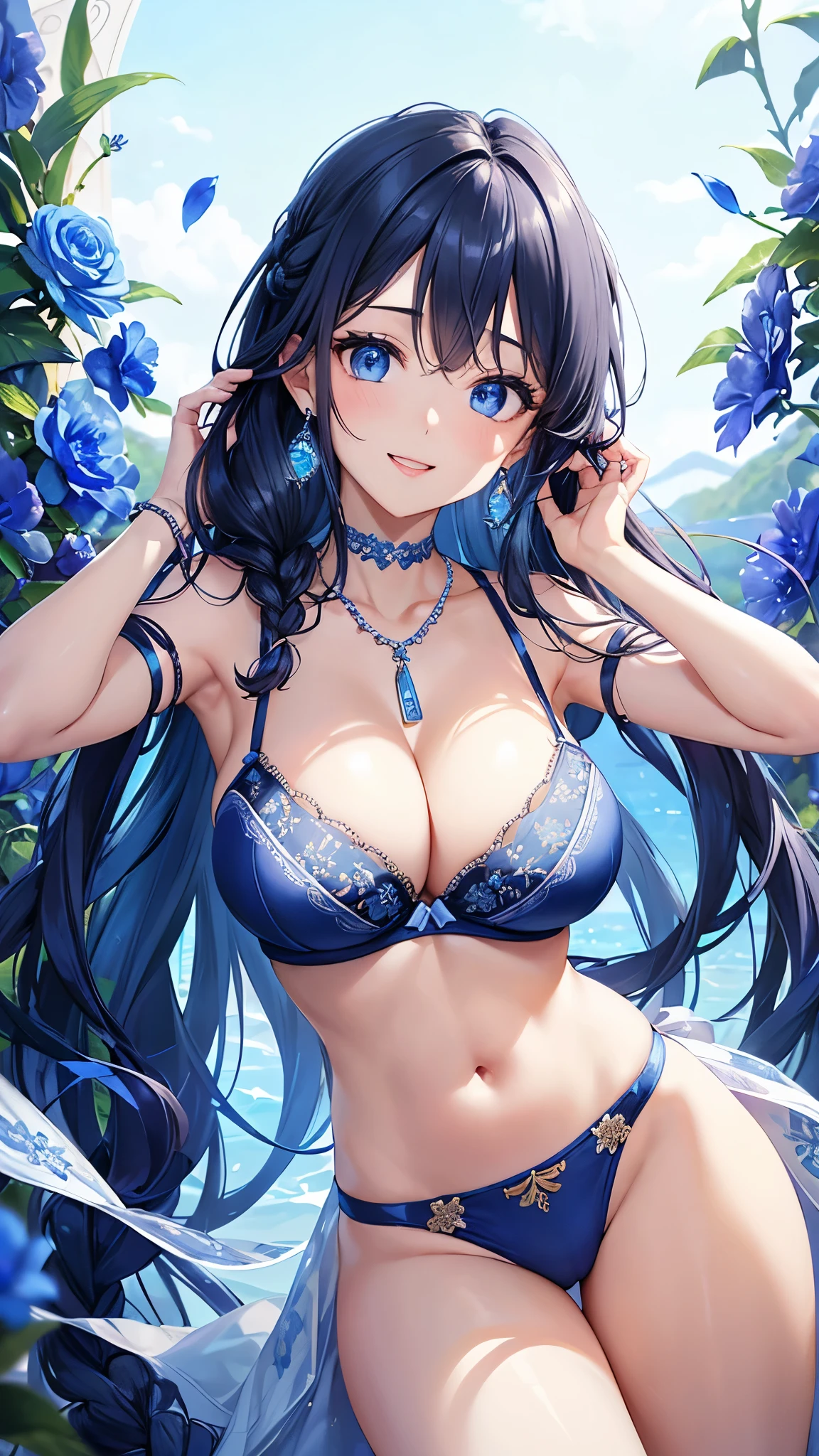 Highest quality、Highest quality、masterpiece、(8k resolution),beauty(Age 25)、(Mature Appearance)、Long Hair(Braiding of the sides)、blue eyes、(Underwear with intricate embroidery、bra)、Big cleavage、((Super big breasts))、smile、blue necklace、Blue Earrings、background(flower)、Please open your mouth wide、Dynamic pose、Blue choker、