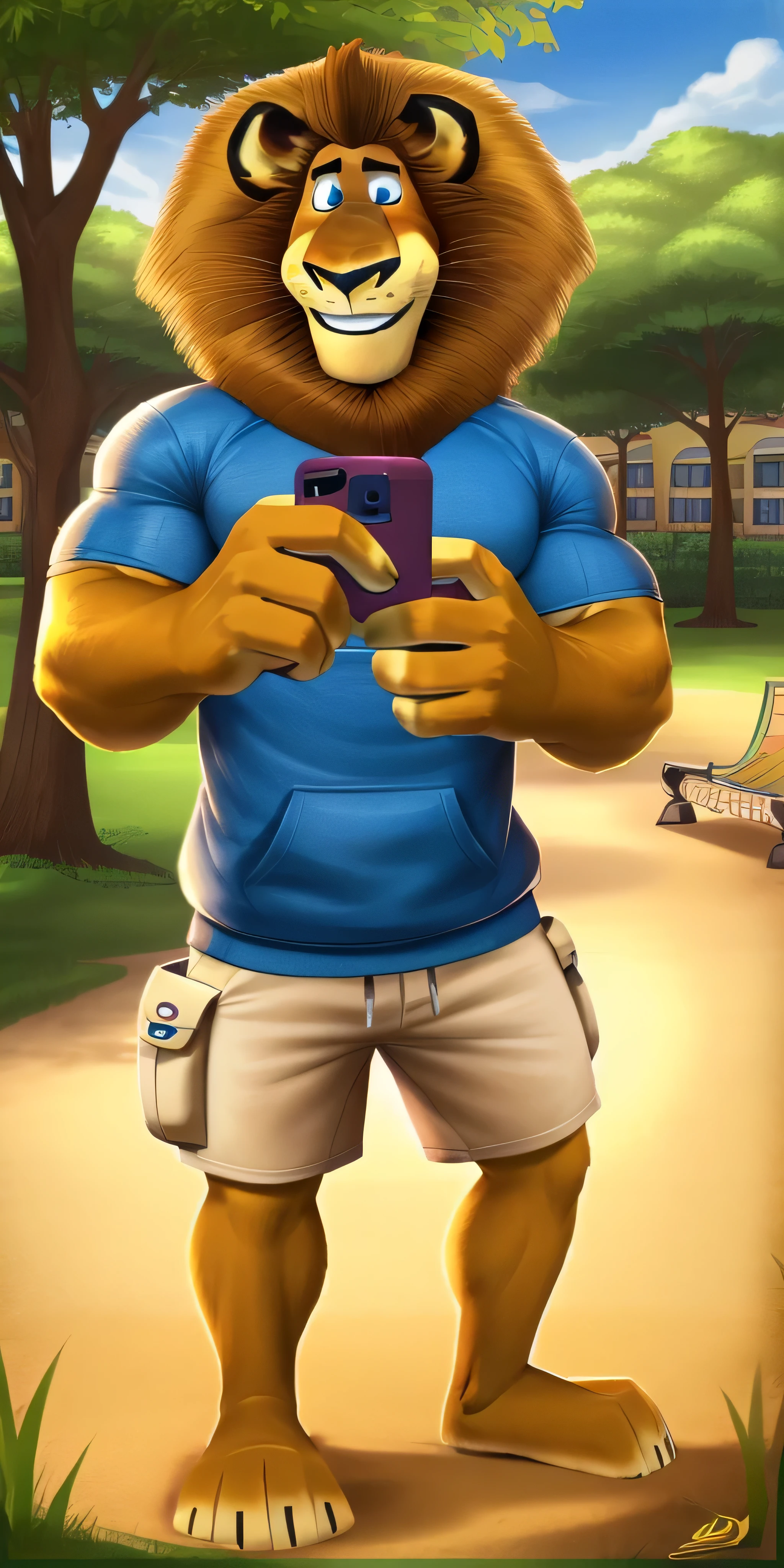 Alex the Lion, muscular body, big biceps, extremely beautiful and cute face, wears blue sweatshirt, olive colour cargo shorts, black sneakers, park background, selfie, friendly look, cute smile, eating a Snickers bar