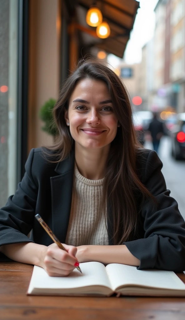 A modern-day person, sitting at a coffee shop, calmly writing in a journal. The person appears relaxed and focused, with a slight smile. The background shows the hustle and bustle of city life through the window, with people walking and cars passing by. The contrast between the inner calm of the person and the busy exterior symbolizes the practice of Stoicism in everyday life.