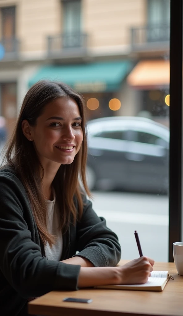 A modern-day person, sitting at a coffee shop, calmly writing in a journal. The person appears relaxed and focused, with a slight smile. The background shows the hustle and bustle of city life through the window, with people walking and cars passing by. The contrast between the inner calm of the person and the busy exterior symbolizes the practice of Stoicism in everyday life.