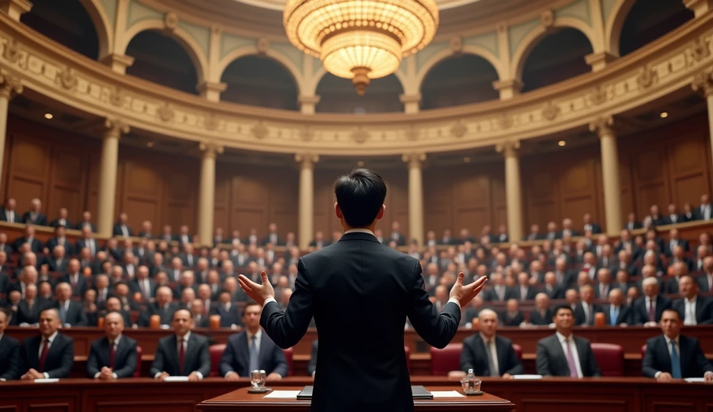 A young Chinese man in a suit is speaking to politicians from various countries in a huge lecture hall.，Politicians from all over the world are looking at men，No flag appears