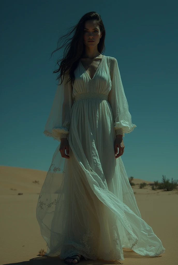 Lady of the Desert spectre legend. at night in the desert paranormal apparition. She is facing full body. ripped dress. She is beautiful face and kind or serene look 