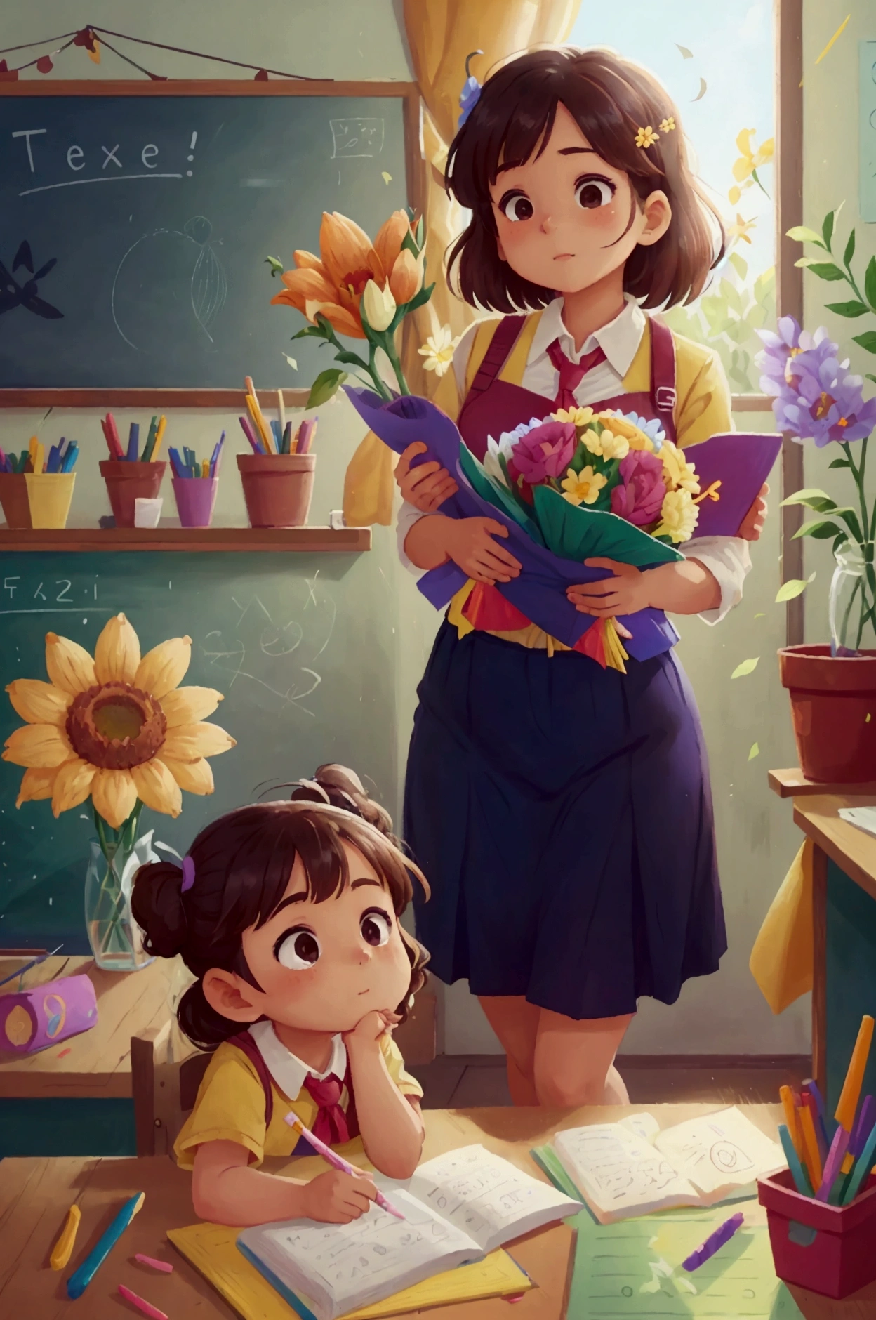 In bright classrooms，The teacher holds a bouquet of flowers，