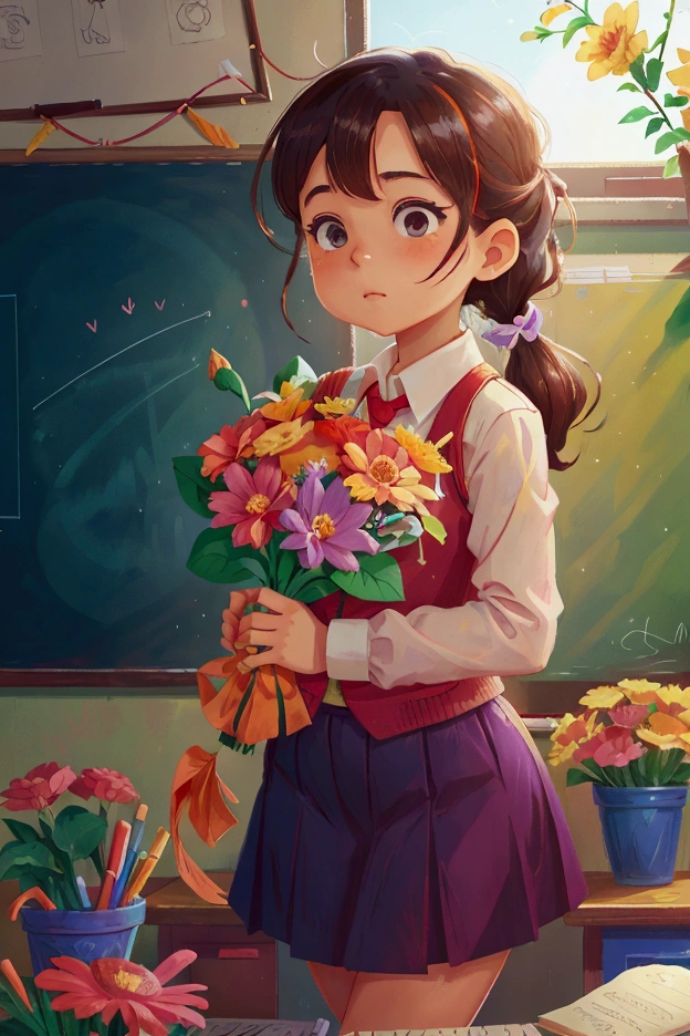 In bright classrooms,The teacher holds a bouquet of flowers,