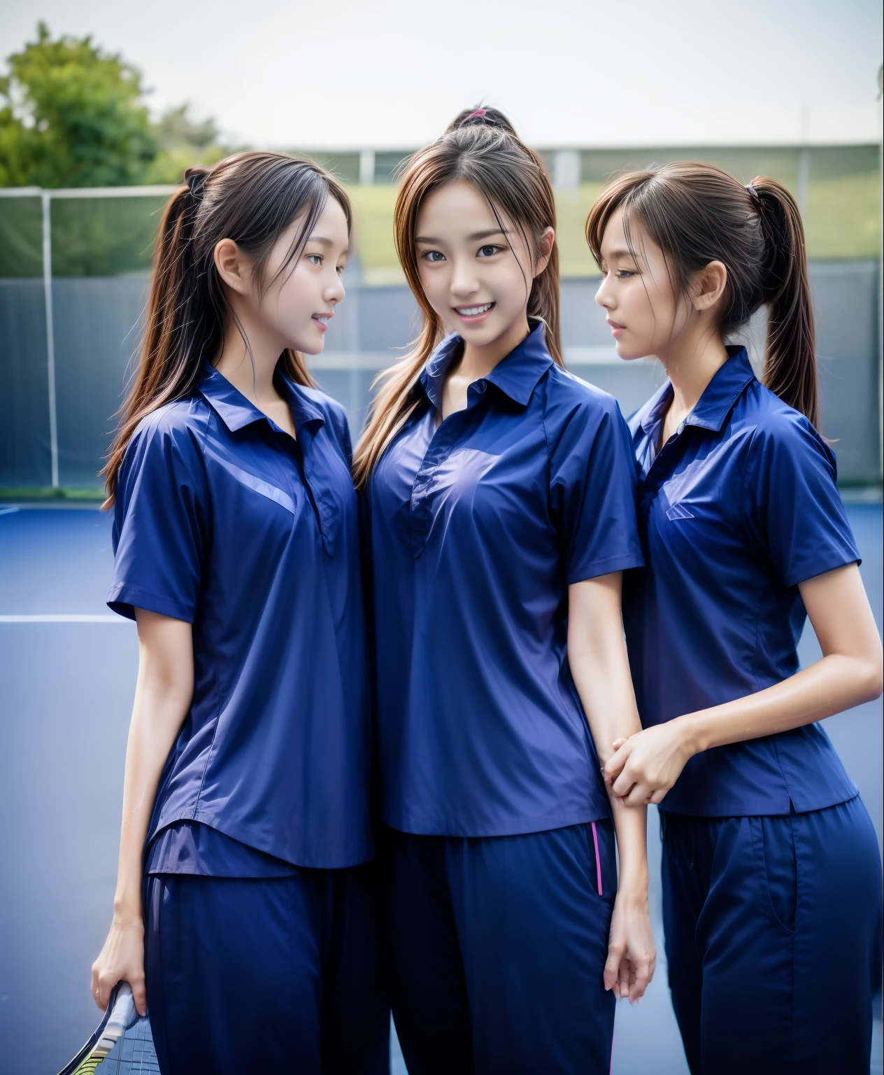 3 girls play tennis at tennis courts, Navy blue short-sleeved shirt,Navy Long Trackpant,Sweatpants, Sweatpantsขายาว,2 girl, lesbian, sexy, exercise clothes, wet body, exercise clothes