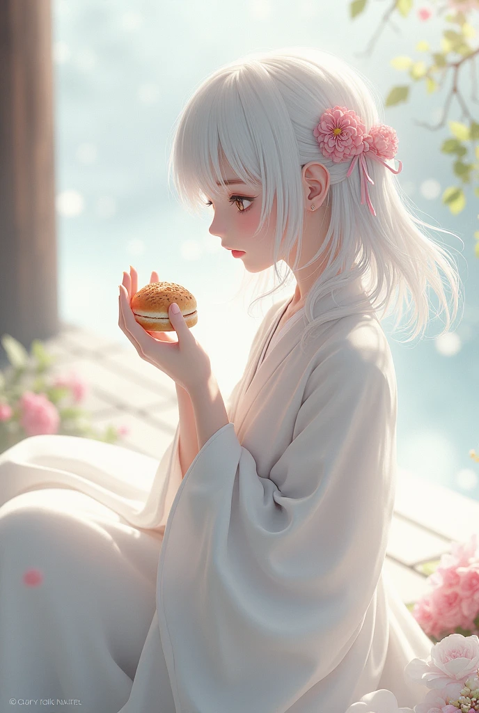 Japanese anime style,A little bit of realism,White-haired girl,Wear white,Eat small cock