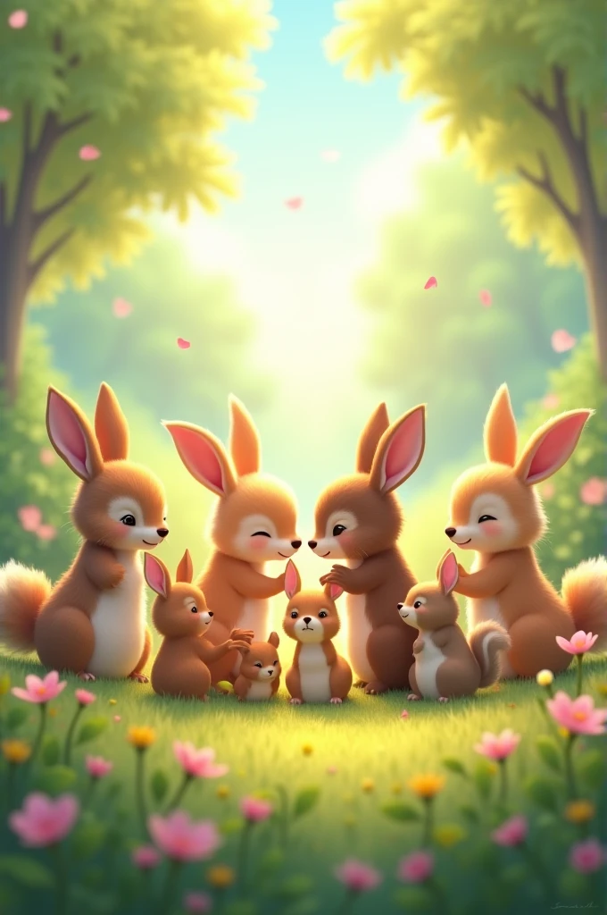 Communion of peace and love among various tender animated animals 