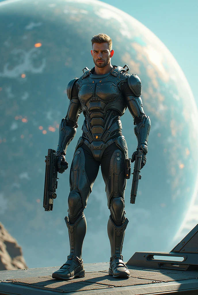 Handsome Man with a hacking cyber space suite with an extra cyber guns standing on roof of his ship behind the ship there is earth in wide view