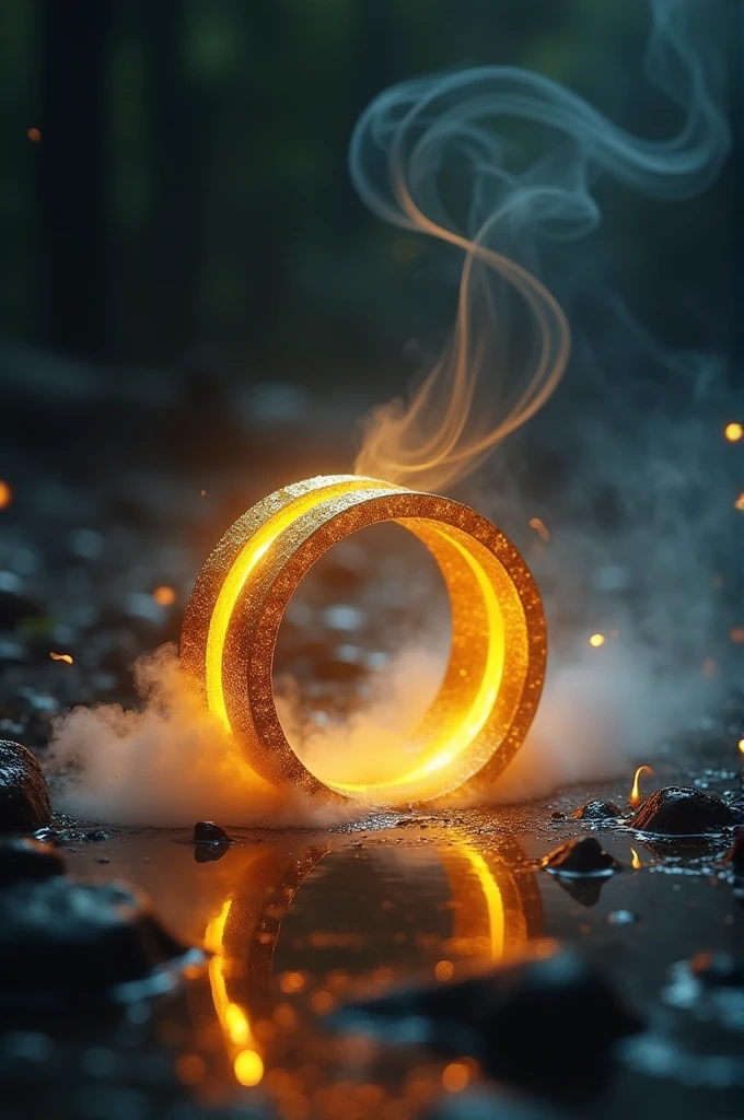 A open gold band with two symmetry curves is placed on the ground, emitting warm light and smoke around it. The background of the night water surface has high contrast, macro photography, and a sense of atmosphere. It creates an epic feeling. The gold spiral pattern, light gold color tone, mysterious light effects, cool tones, symmetrical composition, and a sense of mystery are present in the image.