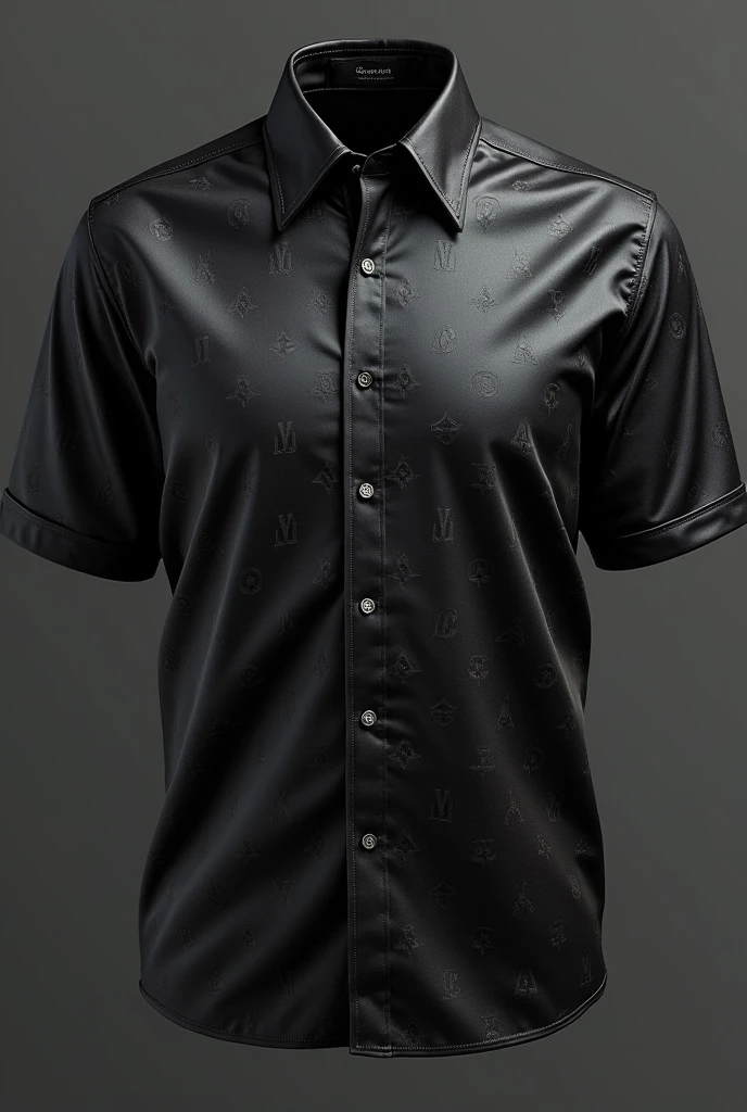The shirt in the image features a sleek and sophisticated design. It is a button-down shirt with a dark base color, likely in shades of charcoal or dark gray. The shirt is adorned with an all-over monogram pattern that repeats across the entire fabric. The pattern seems to feature a subtle, elegant emblem, possibly in a lighter shade of gray or metallic, giving it a luxurious and high-end appearance.The shirt has a relaxed yet polished fit, with a classic collar and buttons running down the front. The fabric appears to be smooth, possibly silk or a high-quality satin, which gives it a slight sheen, enhancing its refined look. This design is perfect for both formal and semi-formal occasions, offering a blend of comfort and style.