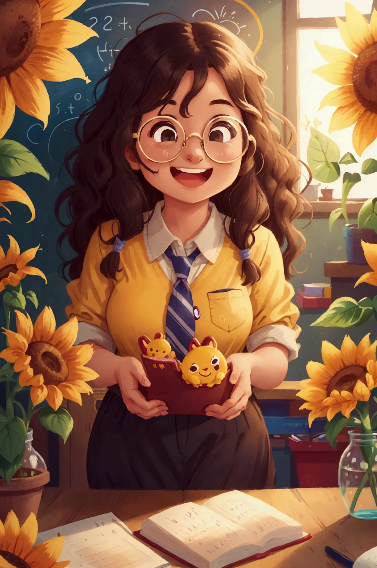 In the classroom, a teacher wearing glasses held a bunch of sunflowers in both hands. They were all smiling and it was very warm.the teacher has long curly hair, wears glasses, and has a smile on her face.a simple background, a flat illustration style, and a warm color scheme, all in high resolution. a cute and happy vibe, soft light casting gentle shadows, a cheerful mood, and a close-up shot. 