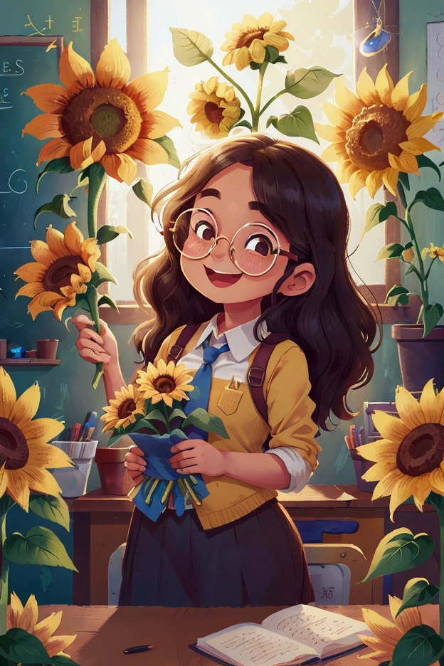 In the classroom, a teacher wearing glasses held a bunch of sunflowers in both hands. They were all smiling and it was very warm.the teacher has long curly hair, wears glasses, and has a smile on her face.a simple background, a flat illustration style, and a warm color scheme, all in high resolution. a cute and happy vibe, soft light casting gentle shadows, a cheerful mood, and a close-up shot.