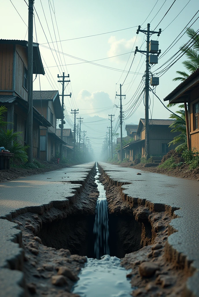 A hole in the road that damaged the water pipe network, and the electricity poles are tilted and smoking. With a view of a village in Indonesia that has been damaged by an earthquake. 