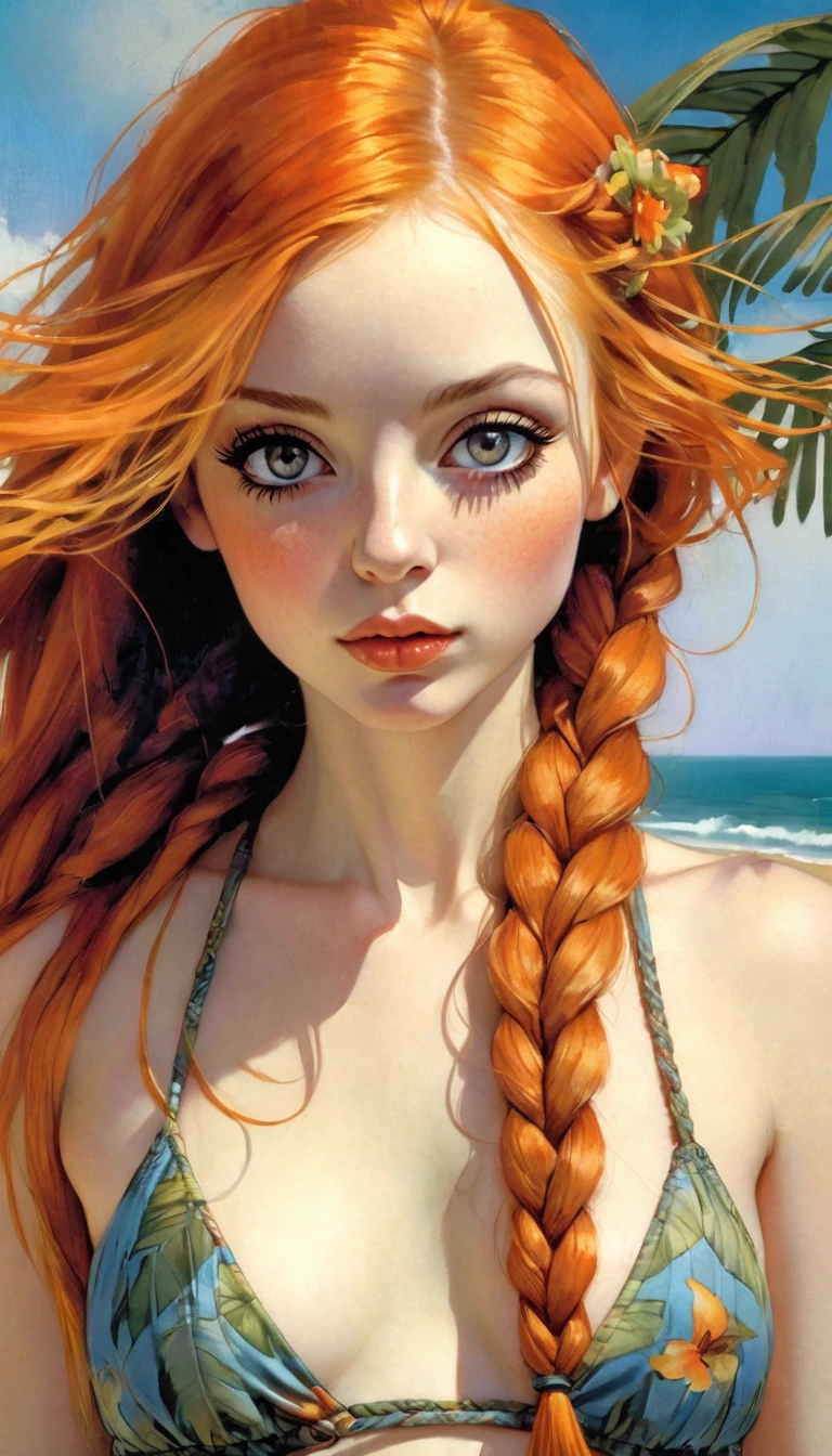 (photorealistic:1.9), (realistic photographic style:1.9), (hyperrealistic), (complexity). Amazing photorealistic portrait of a beautiful woman, long orange hair, a thin braid front, , slim and small breasts, bored, spectacular tropical beach in the background, dynamic pose, bikini outfit (masterpiece:1.3), (best quality: 1.3), (very aesthetic: 1.3), (absurdities: 1.3), (detailed background), newer, AI generated, (realistic: 1.9), [[(ultra high detail: 1.1), (sharp focus: 1.1) , (Refined Edges: 1.1), (HD Clarity: 1.1), (Precise Details: 1.2), (Rich Texture): 0.3], (Sharp Details), (More Micro Details, More Small Details: 1.3)], (( high-definition eyes: 1.2), (realistic eyelashes: 1.2), (soft eye shading), (precisely defined iris: 1.1), precise details, precise micro detailed eyes), realistic, absurd,Woman, orange hair, hair very long messy, very thin braid front, long hair, thin waist, small breasts, light skin, Kaffe Fassett style, Stephen Mackey style, , inspired by art by Bill Sienkiewicz and Dave McKean
