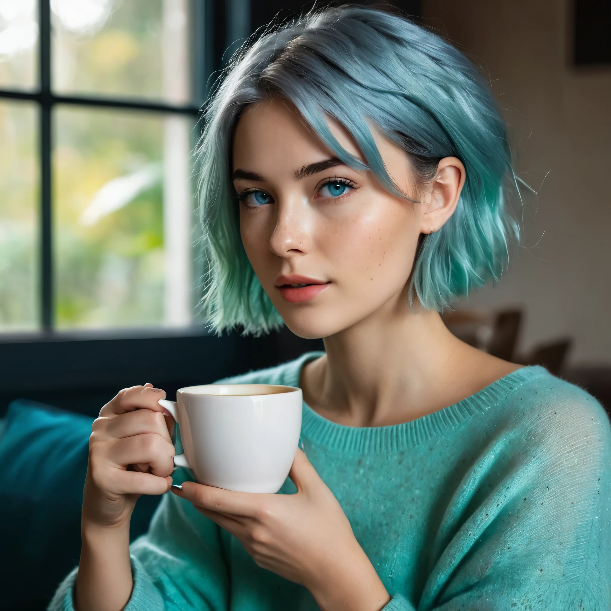 Woman 20 Years Old Nordic Ethnicity, short blue hair with a perfect face and light freckles, Blue-Green Eyes, A close-up of NovaiBrew’s hand holding a coffee cup, with soft morning light streaming in. She’s in a cozy yet elegant setting, perhaps with part of her in the frame, but the focus is on the coffee and the tranquil morning vibe. ((Wearing a beige sweater)), ((Color palette - turquoise, neon green, yellow shades))