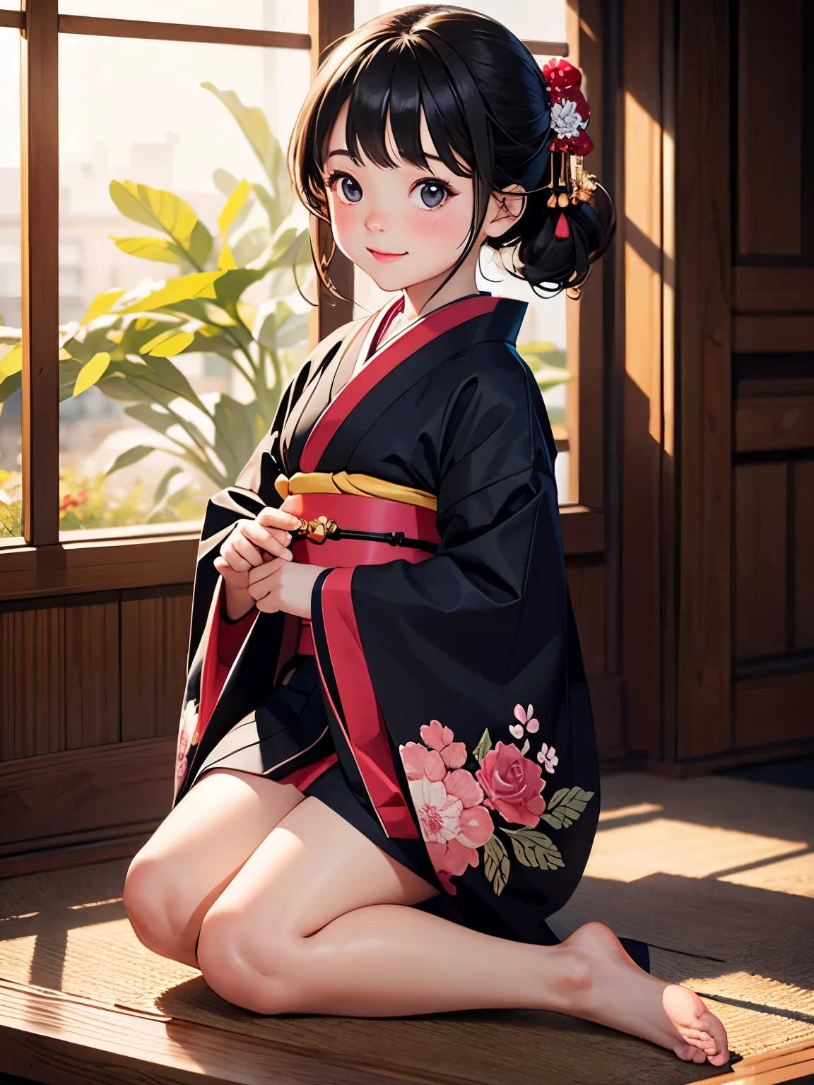 Highest quality, High resolution, Very detailed, Anatomical, Exact ratio, 1 girl, Small young girl， Round face, smile, Healthy Skin, Glowing Skin, Glowing Skin, Black Hair, Full Body Shot, Short kimono，