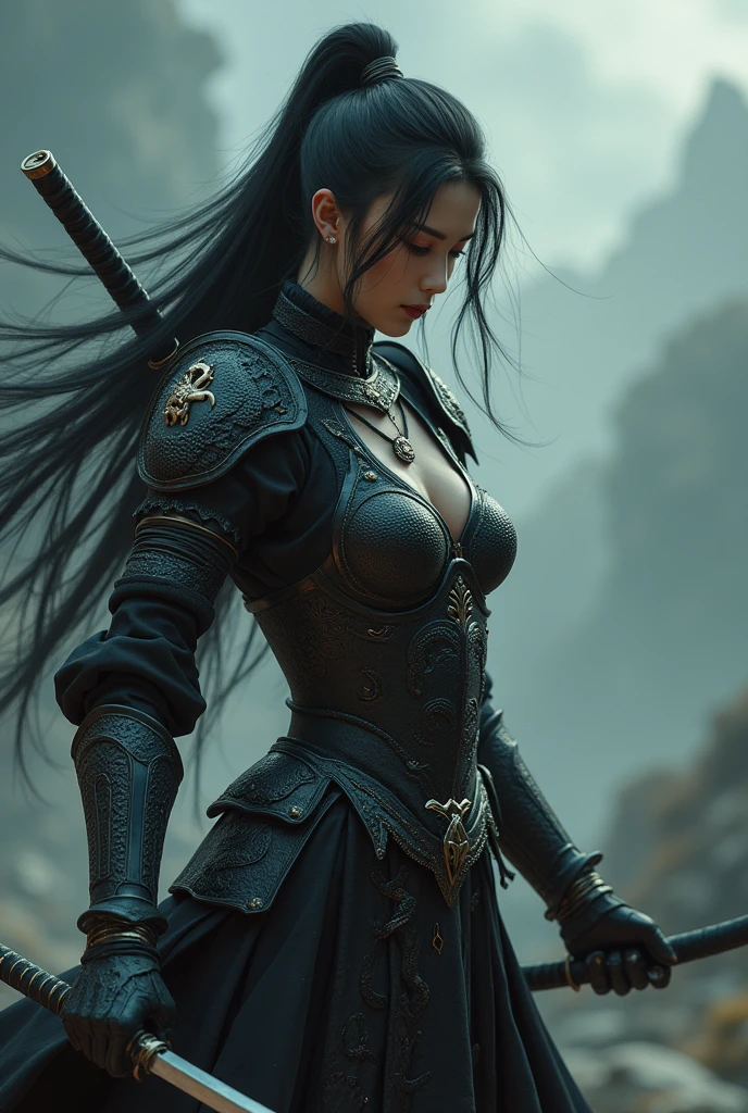 Elden ring, dark fantasy, asian warrior, katana, light armor, woman, black hair, serpent theme outfit, blasphemy