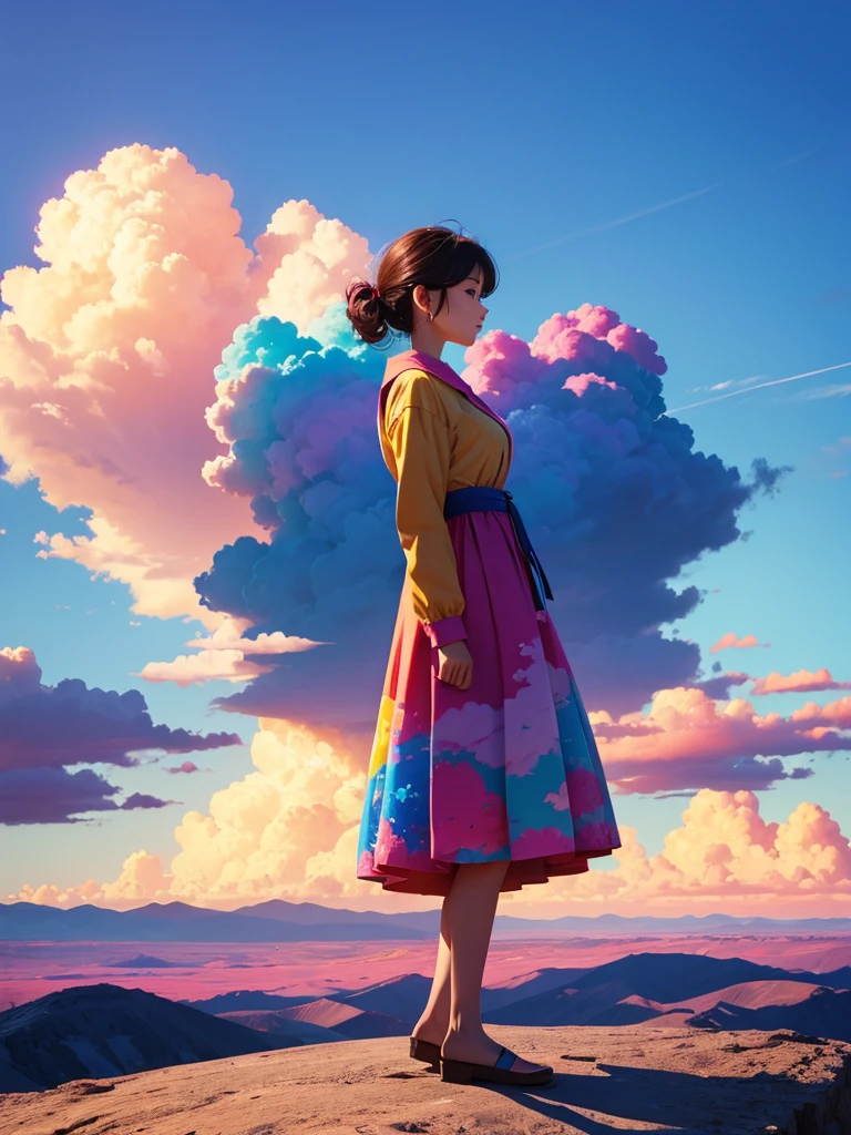 Highest quality、Beautiful colorful spectacular clouds、Vibrant colors、Shadow of a standing woman's back、Backlight、polarized light、Highly detailed and colorful、Fantasy、Splash Art、Fantasyなライティング