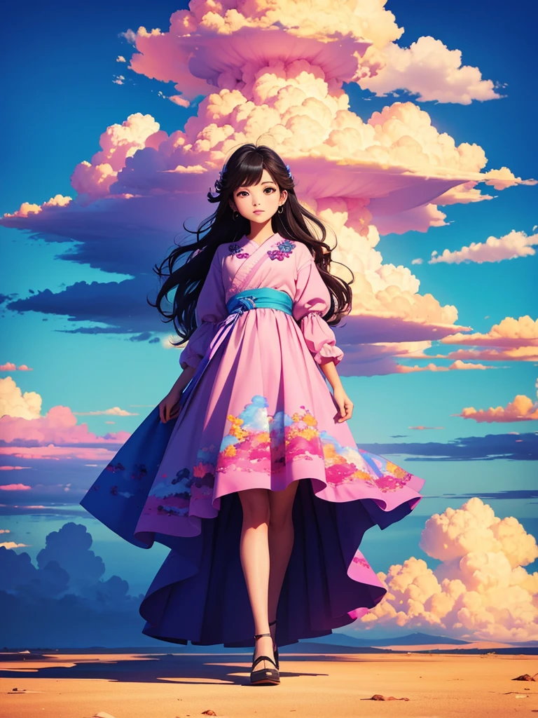 Highest quality、Beautiful colorful spectacular clouds、Vibrant colors、Shadow of a standing woman's back、Backlight、polarized light、Highly detailed and colorful、Fantasy、Splash Art、Fantasyなライティング
