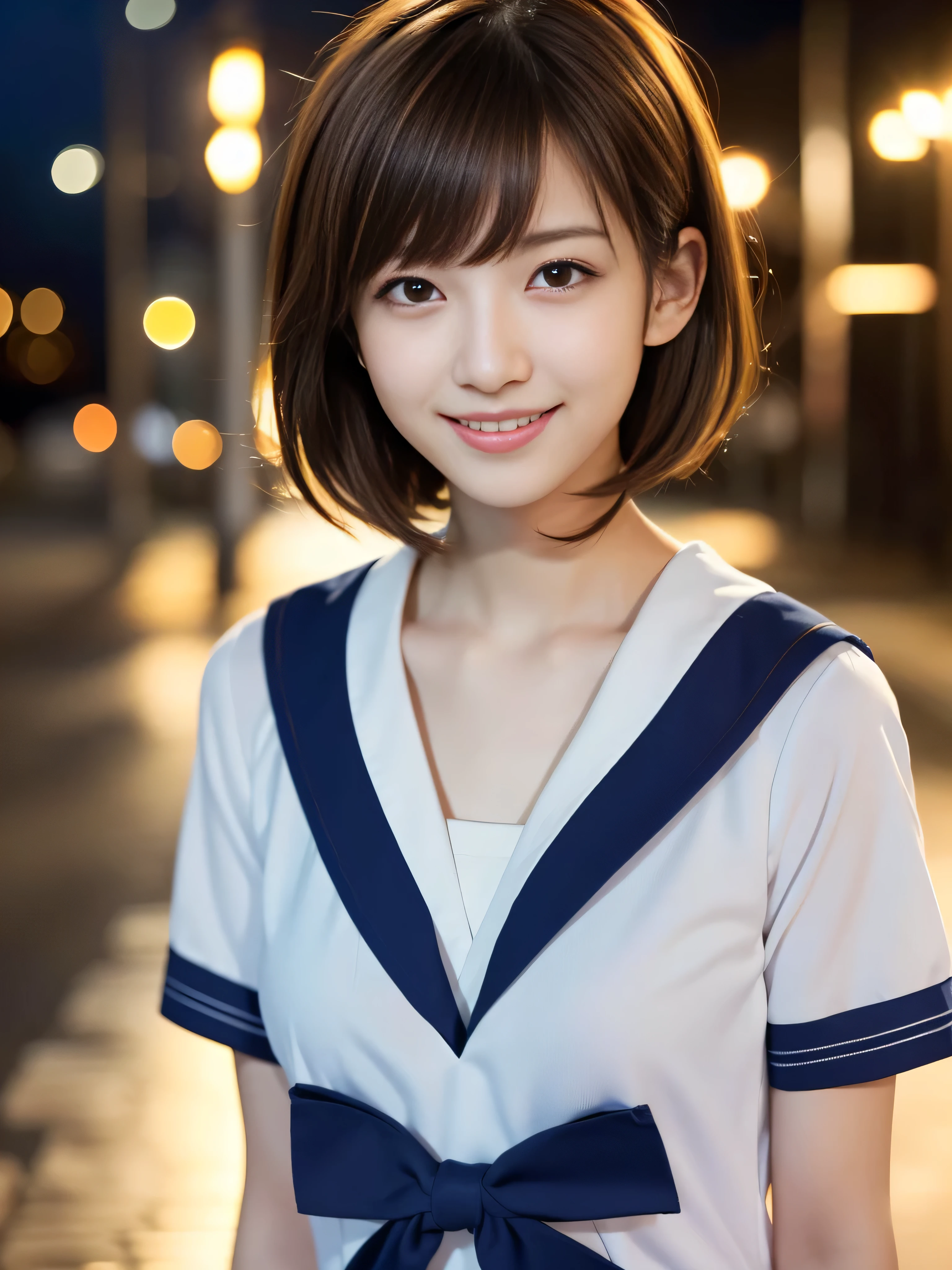 1 japanese idol,(a sailor suit:1.4),( (Raw photo, Best Quality), (Realistic, Photorealsitic:1.4), Shorthair, Slender face, masutepiece, extremely delicate and beautiful, Extremely detailed, 8k wallpaper, amazing, finely detail, extremely detailed CG Unity, hight resolution,Soft light, beautiful detail, age19, extremely detailed eye and face, beautiful detailed nose, Beautiful detailed eyes,Cinematic lighting,city light at night,Perfect Anatomy,Slender body,Smiling (hair messy, asymmetrical bangs, light brown hair,)