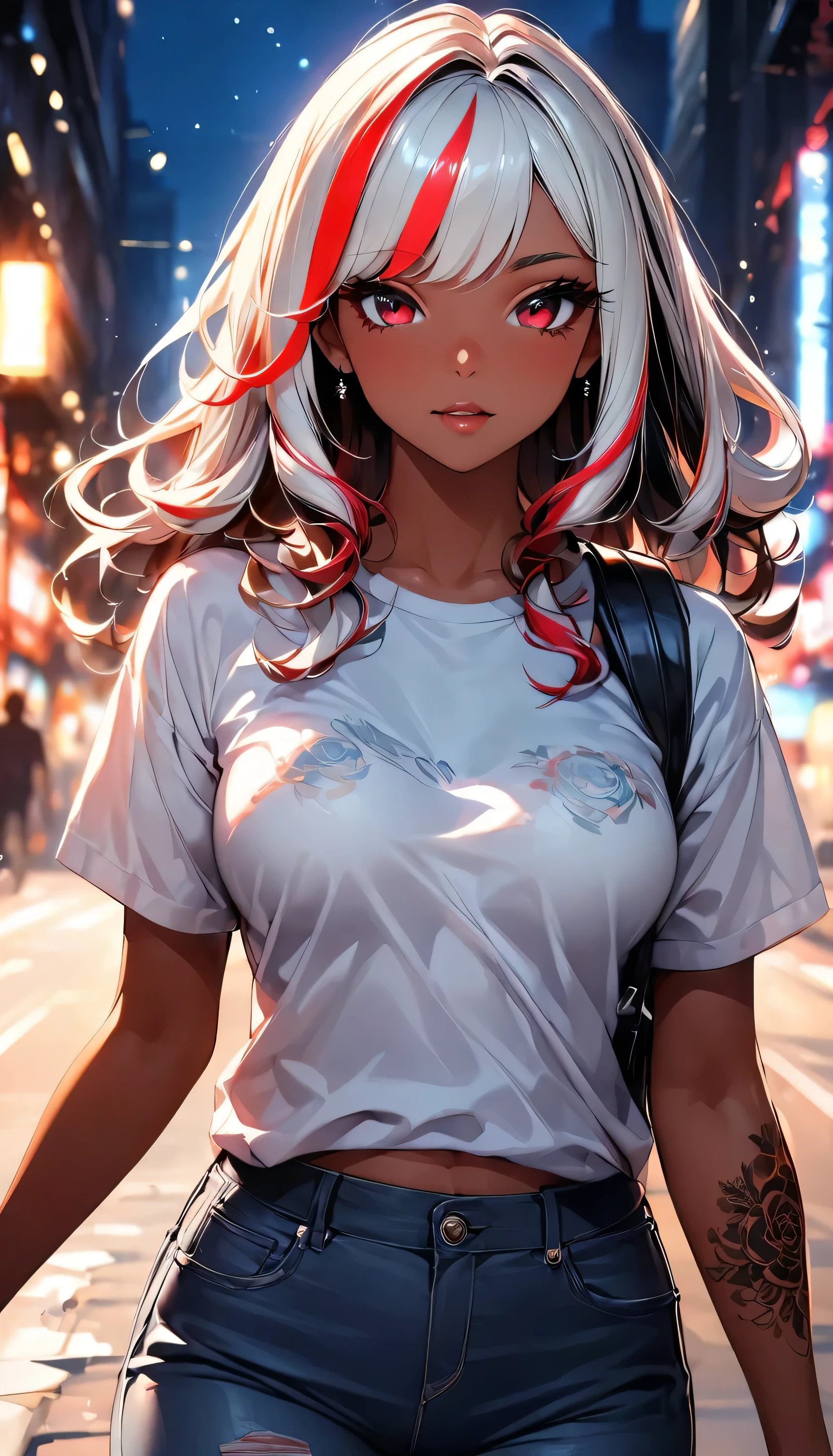 (highest quality:1.2, Very detailed, up to date, Vibrant, Ultra-high resolution, High Contrast, masterpiece:1.2, highest quality, Best aesthetics), Portraiture、girl、singer, solo, ((25-years-old:1)), Bright colors, Beautiful fine details、Beautiful lip detail、medium wave hair、red and white ((streaked hair:1.6)), highlights hair: 1.5, red eyes, slim body, medium breast, (tan skin:1.1), (Floral Fineline tattoo design on left arm:1), (Walking down the busy street at night:1), sparkling city lights, daypack on left shoulder, t-shirt, jeans short, long boots, cowboy shot