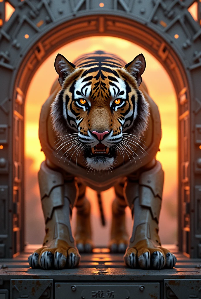 A. Tiger with red robotic shoot with sun set in between a robotic cage