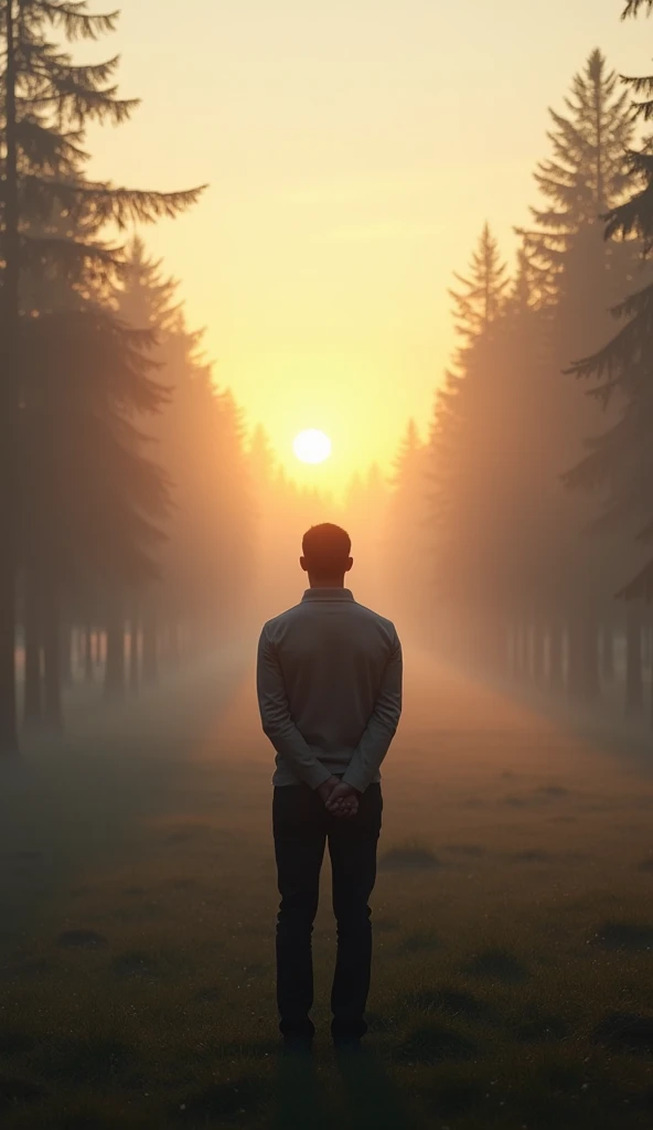 A serene landscape at sunrise, symbolizing peace and calm. The setting includes a misty forest with soft sunlight filtering through the trees. In the foreground, a lone figure stands calmly, hands folded behind their back, gazing at the horizon. The atmosphere is tranquil, evoking a sense of inner peace and reflection.