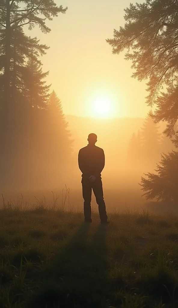 A serene landscape at sunrise, symbolizing peace and calm. The setting includes a misty forest with soft sunlight filtering through the trees. In the foreground, a lone figure stands calmly, hands folded behind their back, gazing at the horizon. The atmosphere is tranquil, evoking a sense of inner peace and reflection.