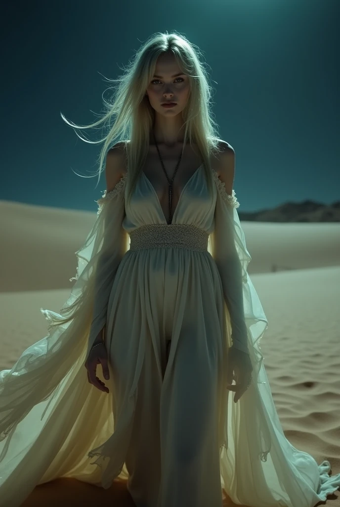 Lady of the Desert spectre legend. at night in the desert paranormal apparition. She is facing full body. ripped dress. She is beautiful face and kind or serene look 