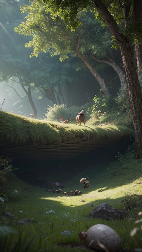 The scene is rendered in Pixar-style animation,In the forest where the ground is covered with moss,a human fist falls from the top of the frame, and an ant fights back standing on its nest. There is a small amount of dust, and several ants were thrown out. The focus should be between them. The sky was dark and a light rain was falling. conveying a sense of tension and oppression. The scene is rendered in Pixar-style animation ,Unreal Engine rendering.
