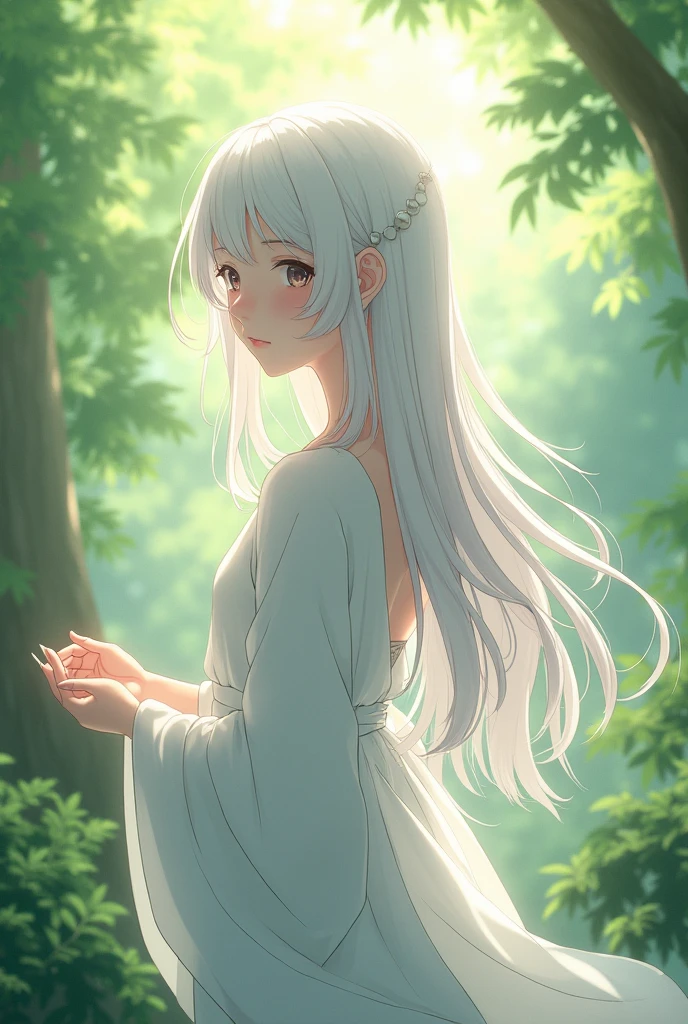 Japanese anime style,A little bit of realism,White-haired girl,Wear white,