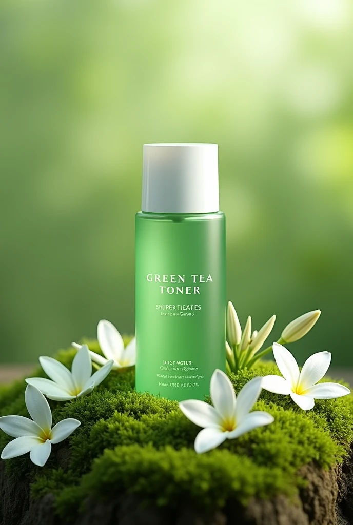 HDR,UHD,8K,highres,absurdres,realistic,masterpiece,Highly detailed,Studio lighting,sharp focus,dim light,(no text:1.9),toiletries,
toiletries, a green personal care product, specifically a 'green tea' toner, the product is cylindrical in shape with a white cap, the packaging is predominantly green with white text, the product is placed on a mossy surface with white flowers scattered around, the background is a gradient of green, suggesting a natural setting, the lighting appears to be soft and diffused, possibly from a natural source