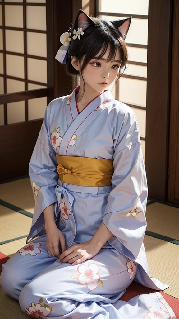 "A cute, fluffy cat wearing a traditional Japanese yukata with a colorful, floral pattern. The yukata is tied with a neat obi, and the cat looks adorable and dignified. The cat is sitting calmly, with its tail curled around its body, in a serene setting that hints at a traditional Japanese garden or festival. The overall scene is charming and peaceful, with the cat looking graceful and content in its stylish yukata."