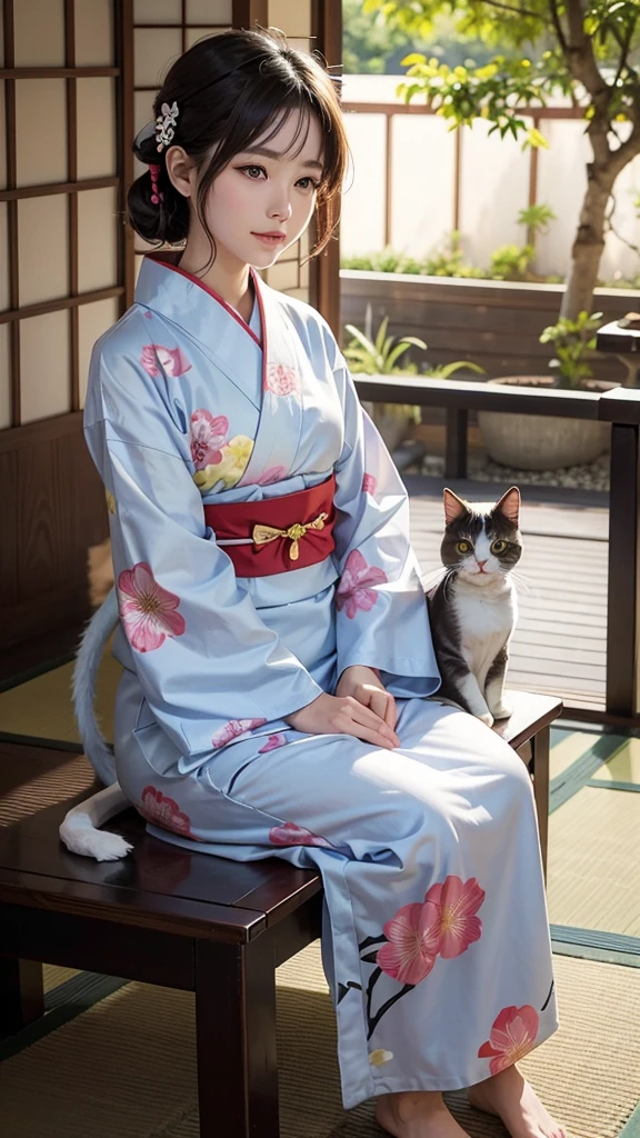 "A cute, fluffy cat wearing a traditional Japanese yukata with a colorful, floral pattern. The yukata is tied with a neat obi, and the cat looks adorable and dignified. The cat is sitting calmly, with its tail curled around its body, in a serene setting that hints at a traditional Japanese garden or festival. The overall scene is charming and peaceful, with the cat looking graceful and content in its stylish yukata."
