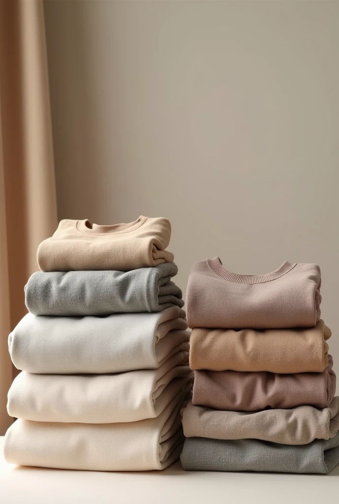 Clothes neatly folded round neck sweatshirts lying flat on the table