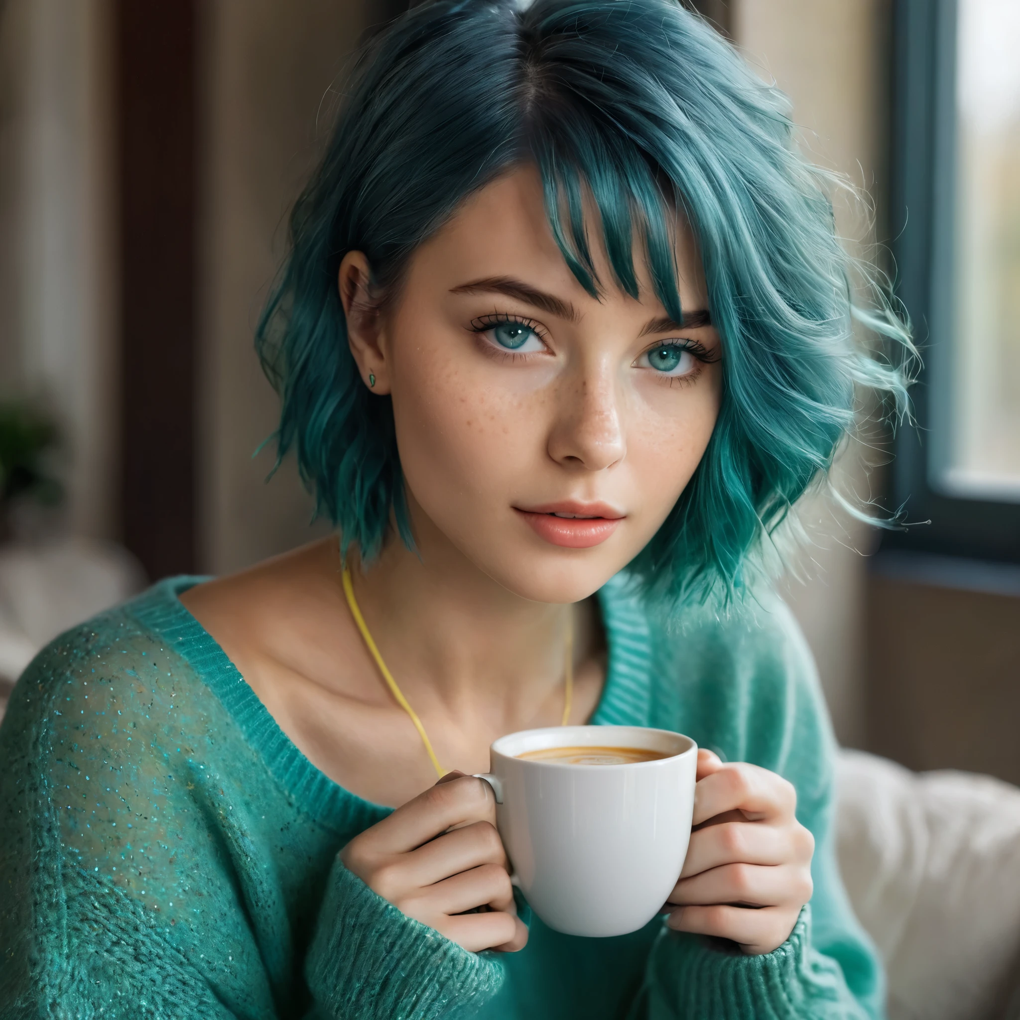 Woman 20 Years Old Nordic Ethnicity, short blue hair with a perfect face and light freckles, Blue-Green Eyes, A close-up of NovaiBrew’s hand holding a coffee cup, with soft morning light streaming in. She’s in a cozy yet elegant setting, perhaps with part of her in the frame, but the focus is on the coffee and the tranquil morning vibe. ((Wearing a beige sweater)), ((Color palette - turquoise, neon green, yellow shades))