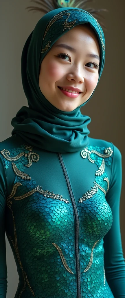 The beautiful Chinese asian adult girl with beautiful cheeks wears peacock lycra turtleneck unitard catsuit covered with scales with long peacock tail and peacock lycra elastane stretchy dancewear inner hijab-like hood covered with scales with peacock feather.She is happy.She always put fake peacock eyeshadow makeup that are made of marker pen.She acts a peacock.