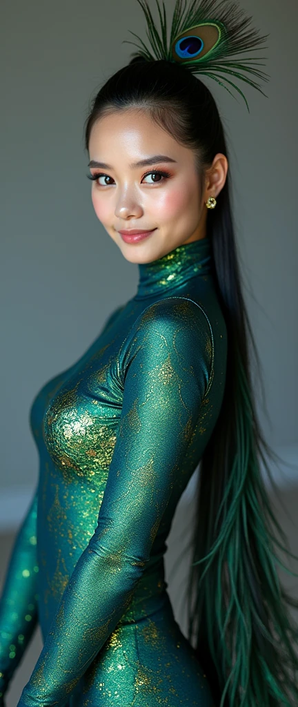The beautiful Chinese asian adult girl with beautiful cheeks wears peacock lycra turtleneck unitard catsuit covered with scales with long peacock tail and peacock lycra elastane stretchy dancewear inner hijab-like hood covered with scales with peacock feather.She is happy.She always put fake peacock eyeshadow makeup that are made of marker pen.She acts a peacock.