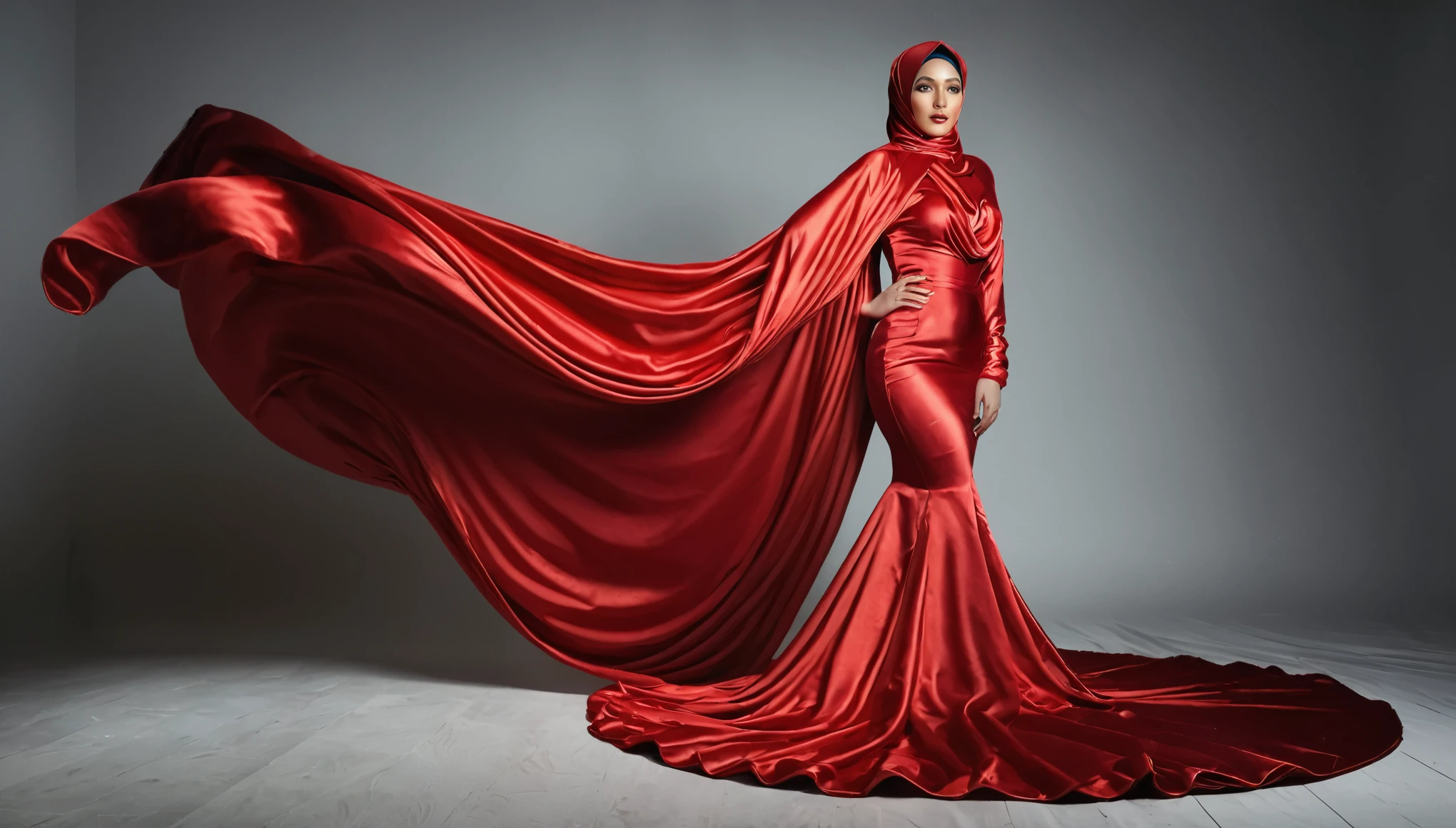 A woman shrouded in a 10-meter-long, plush red satin cloth, tightly bound and grandly draping along the form of her body, flowing off into a pooled floor-length train, styled in a mermaid-inspired outfit, her head modestly veiled in a satin hijab, tall woman, in photo studio, a full-body pose posing in front of people, captured in a 4k resolution, ultra-realistic