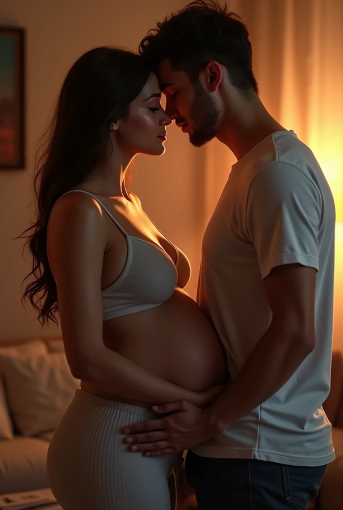 Call me a big belly, A 9-month pregnant woman and a man kissing her huge pregnant belly