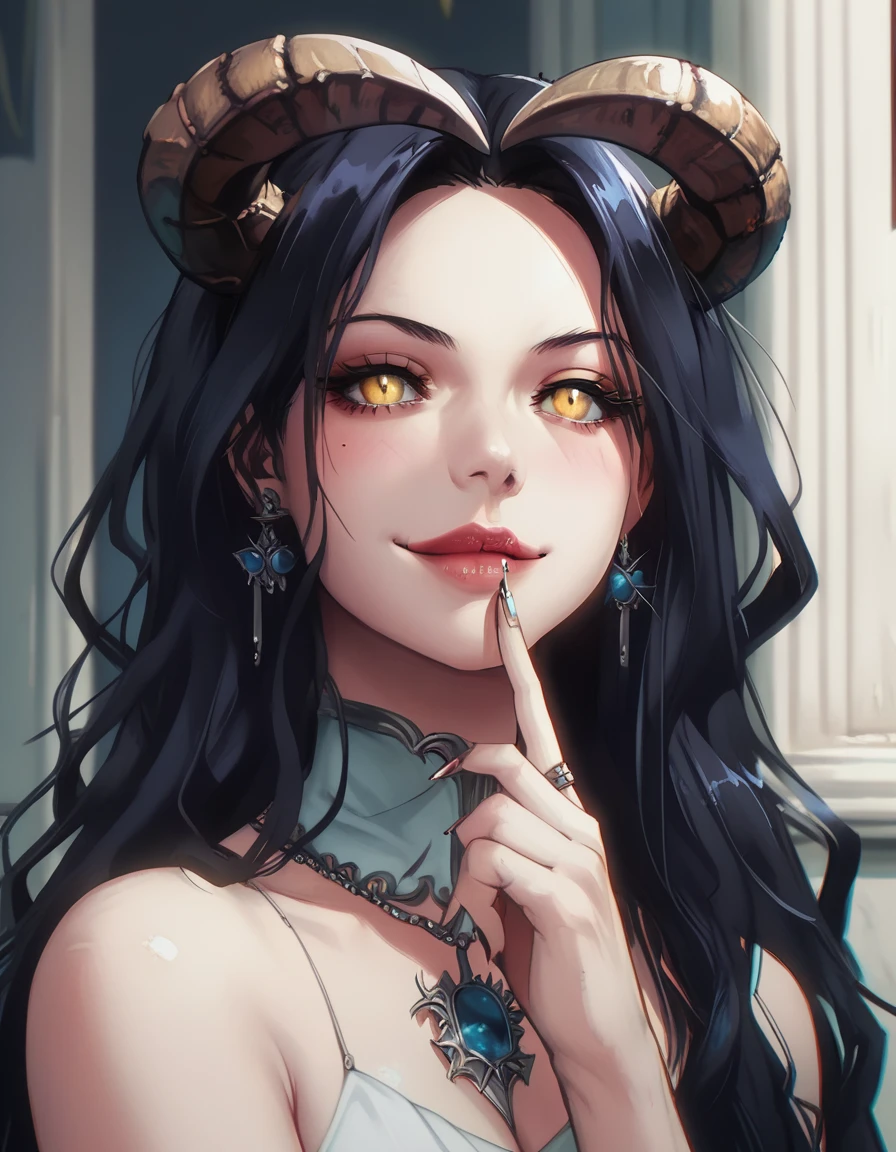 A demonic and seductive looking anime character, with black wings, long dark flowing hair, bright golden eyes, and curved horns like those of a ram. has pale skin, a mischievous smile and a playful and mysterious expression, holding a finger to his lips as if silencing someone. She wears a white dress with intricate detailing and gold accents, along with a blue gem on his chest. The scene is dramatically lit., with soft shadows that enhance her sharp features, as the background fades into darkness, adding an enigmatic and magical touch. The style is a mix of anime fantasy with intricate details, Capturing an intense portrait, close and dynamic