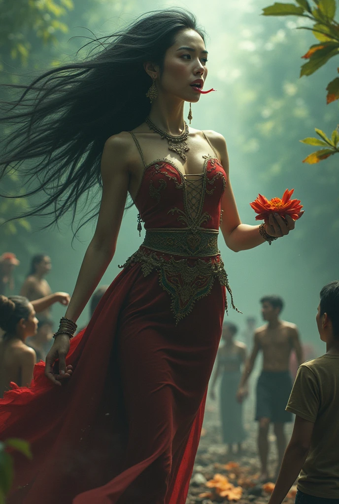 The giantess has fangs, a beautiful woman in a Thai dress, captures people and eats them.