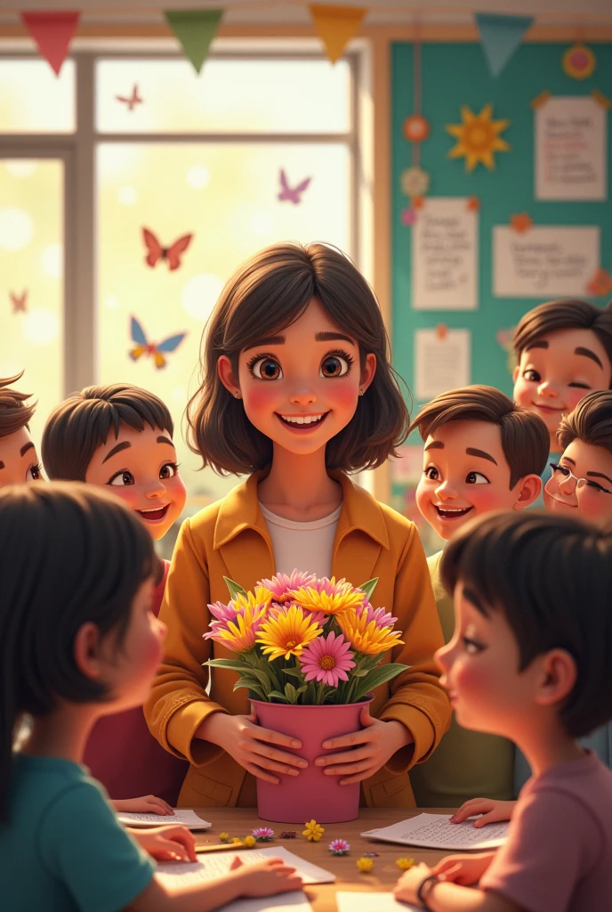 Thanks to the teacher, A group of students surrounded a teacher, Holding flowers and cards, The teacher accepted with a smile, The classroom is filled with thank you notes and artwork from students, A large display on the wall shows students' gratitude to their teachers