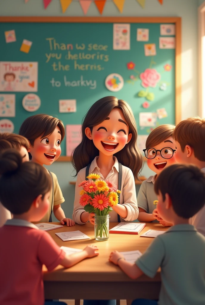 Thanks to the teacher, A group of students surrounded a teacher, Holding flowers and cards, The teacher accepted with a smile, The classroom is filled with thank you notes and artwork from students, A large display on the wall shows students' gratitude to their teachers