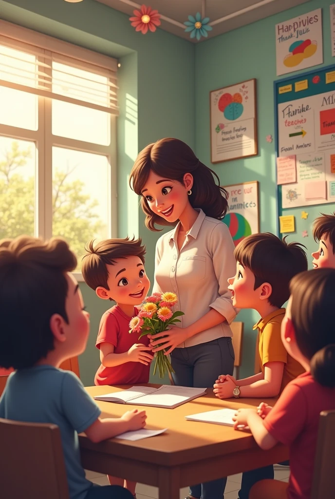 Thanks to the teacher, A group of students surrounded a teacher, Holding flowers and cards, The teacher accepted with a smile, The classroom is filled with thank you notes and artwork from students, A large display on the wall shows students' gratitude to their teachers