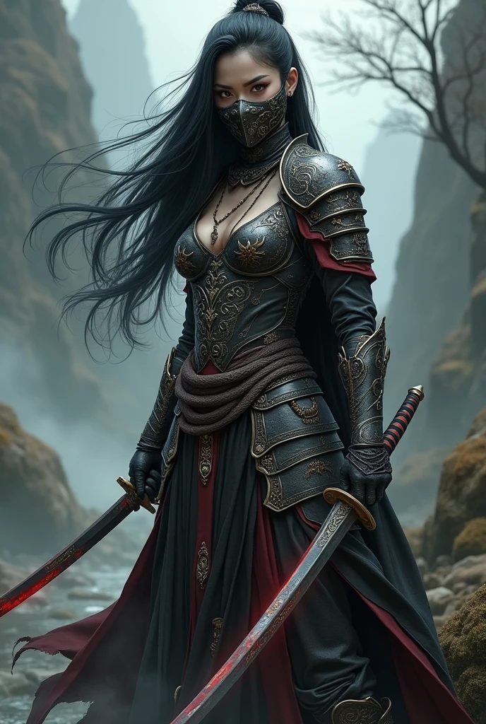 Create a female demon slayer oni character with a brave face
