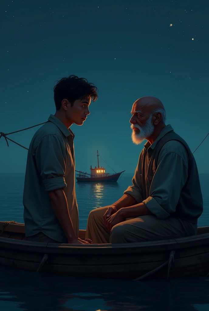 A young man talks to a bald man on a fishing boat at night.